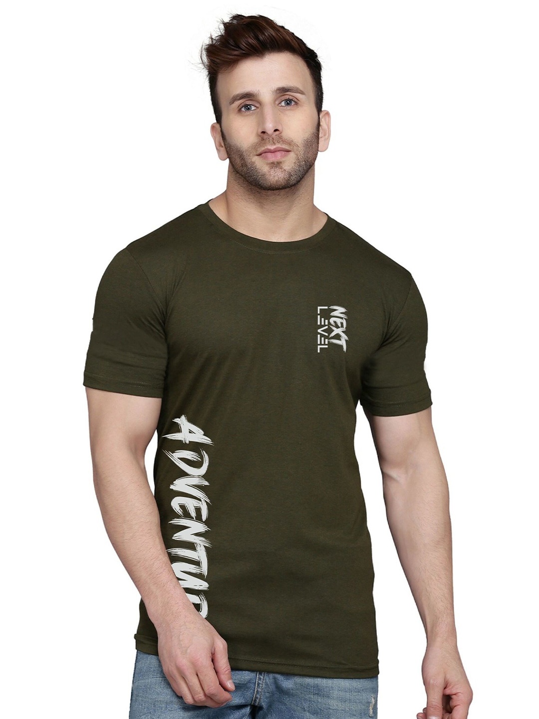 

SLOWLORIS Typography Printed Round Neck Bio-Wash Cotton T-shirt, Olive