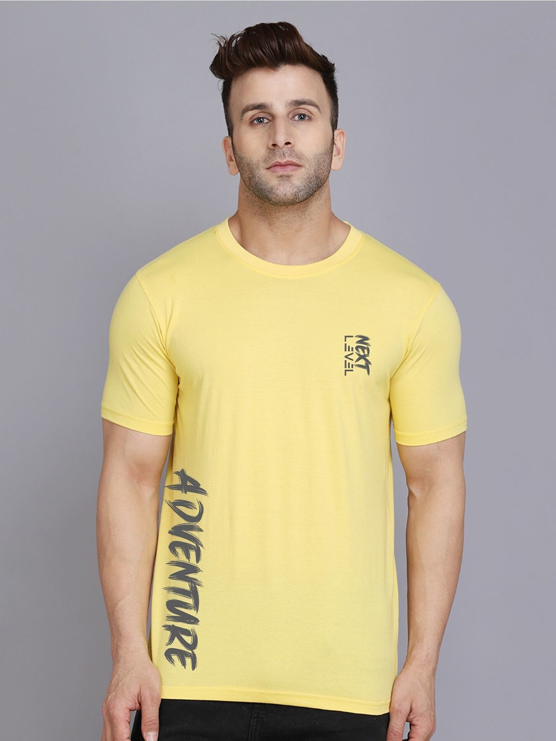 

SLOWLORIS Typography Printed Round Neck Bio-Wash Cotton T-shirt, Yellow