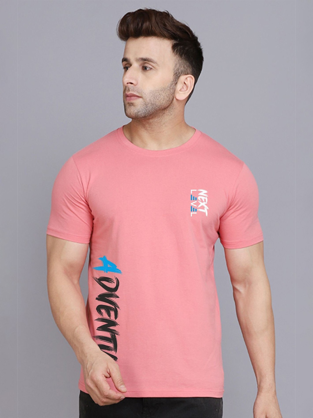 

SLOWLORIS Typography Printed Round Neck Bio-Wash Cotton T-shirt, Peach
