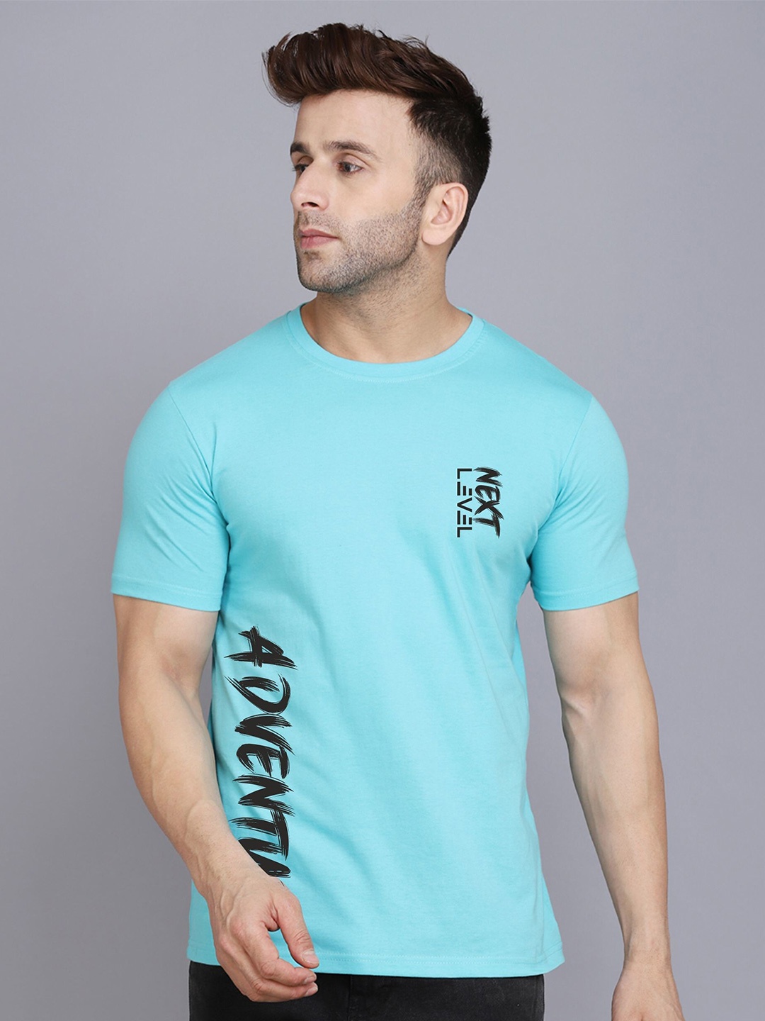 

SLOWLORIS Typography Printed Round Neck Bio-Wash Cotton T-shirt, Turquoise blue