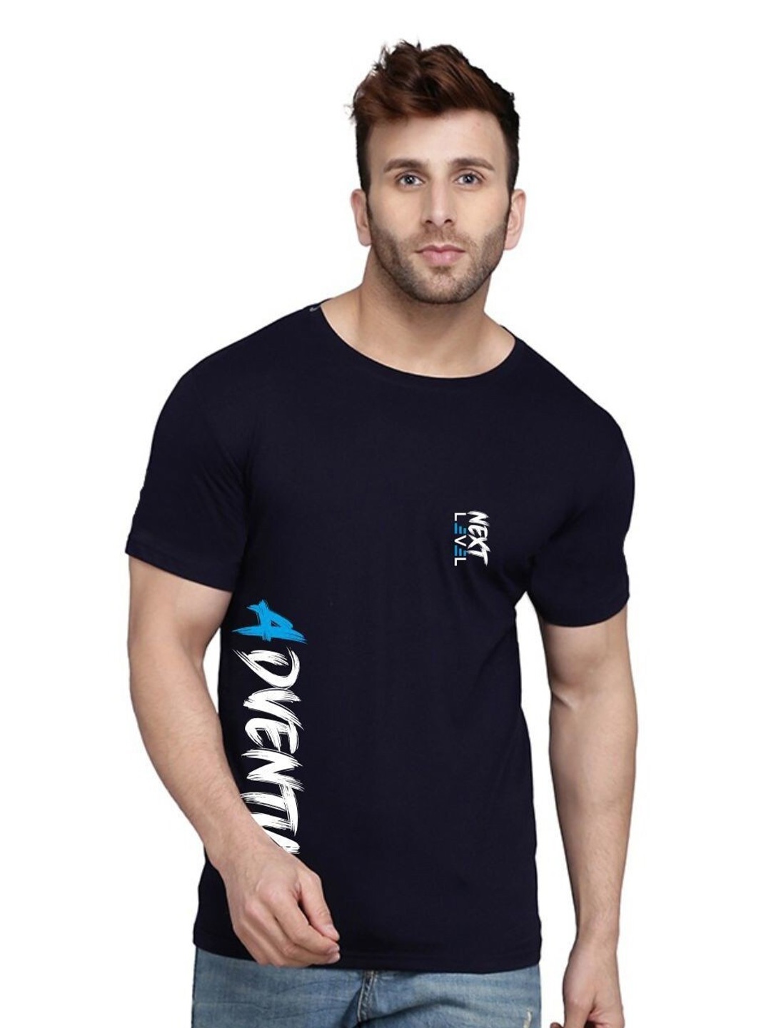 

SLOWLORIS Typography Printed Round Neck Bio-Wash Cotton T-shirt, Navy blue