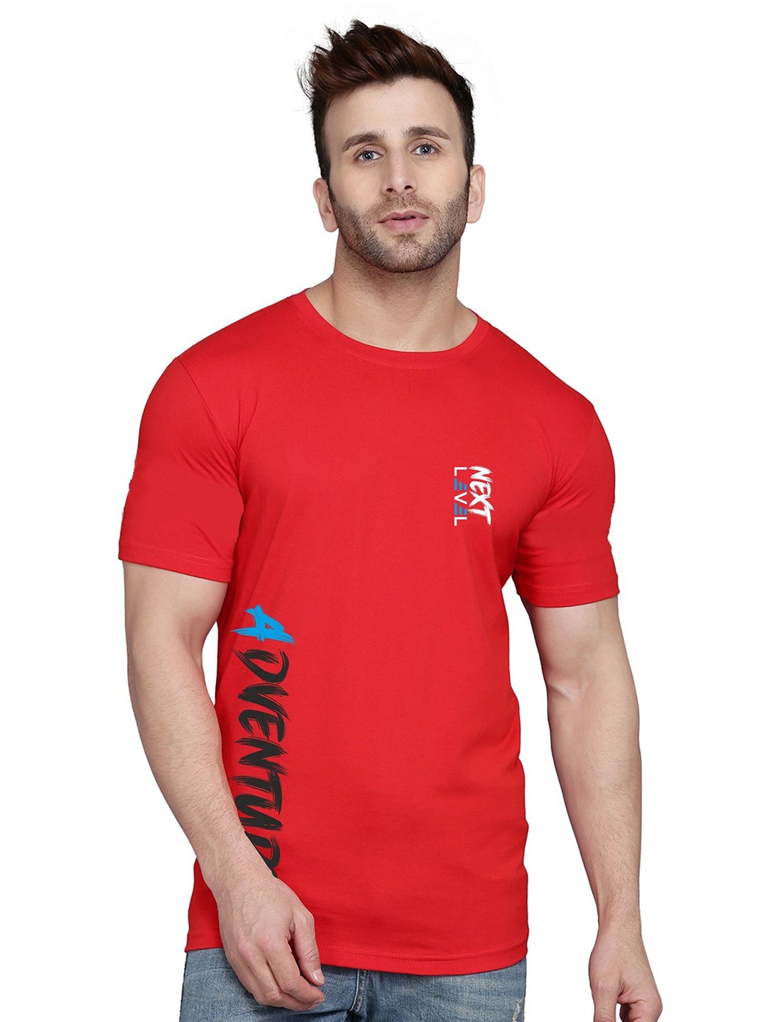 SLOWLORIS Typography Printed Round Neck Bio-Wash Cotton T-shirt, Red