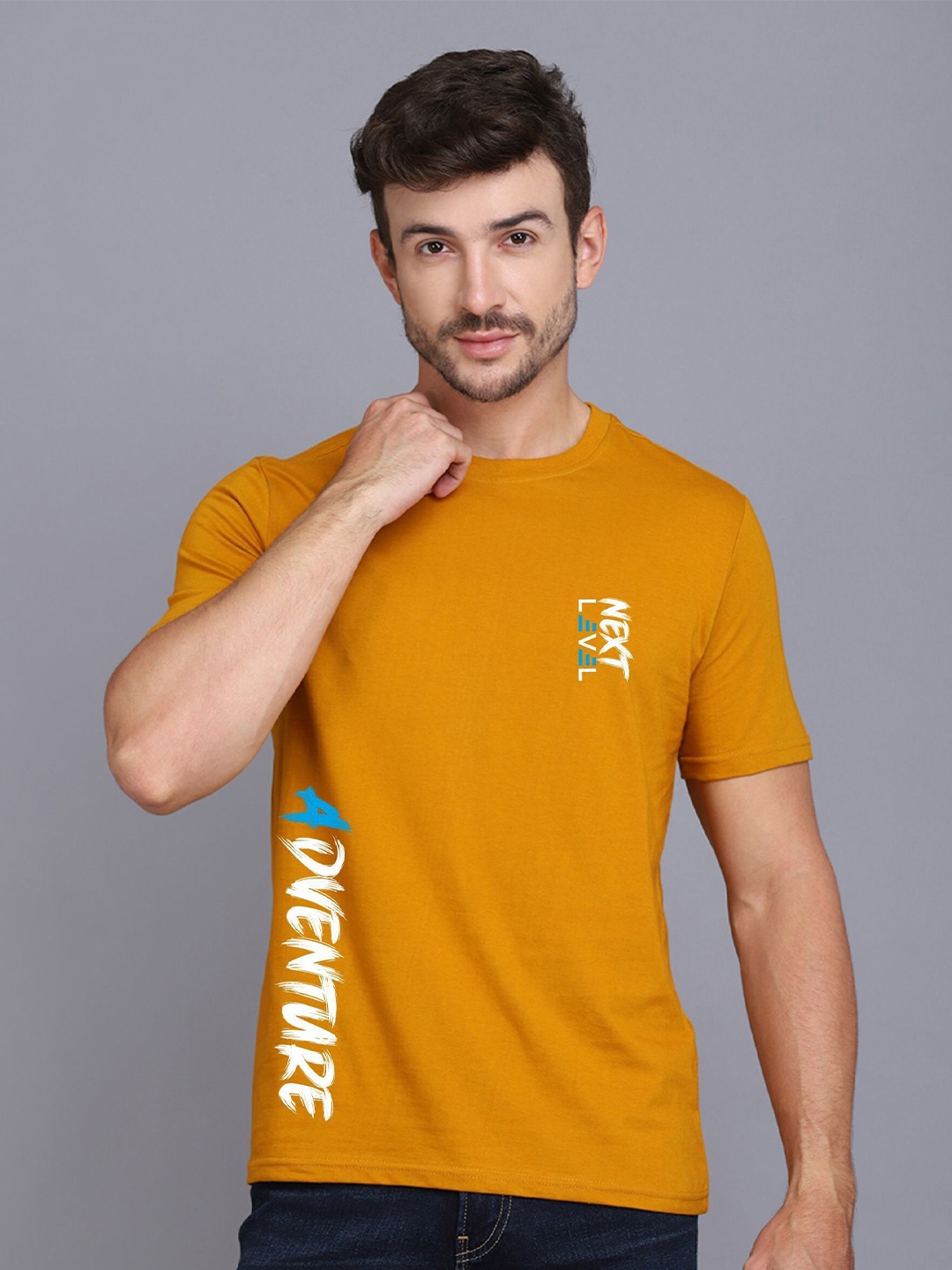 

SLOWLORIS Typography Printed Round Neck Bio-Wash Cotton T-shirt, Mustard