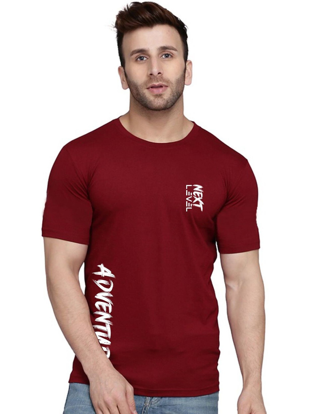 

SLOWLORIS Typography Printed Round Neck Bio-Wash Cotton T-shirt, Maroon