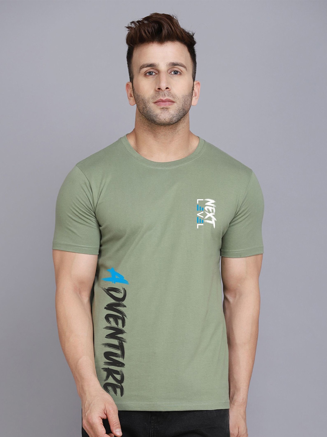 SLOWLORIS Typography Printed Round Neck Bio-Wash Cotton T-shirt, Green
