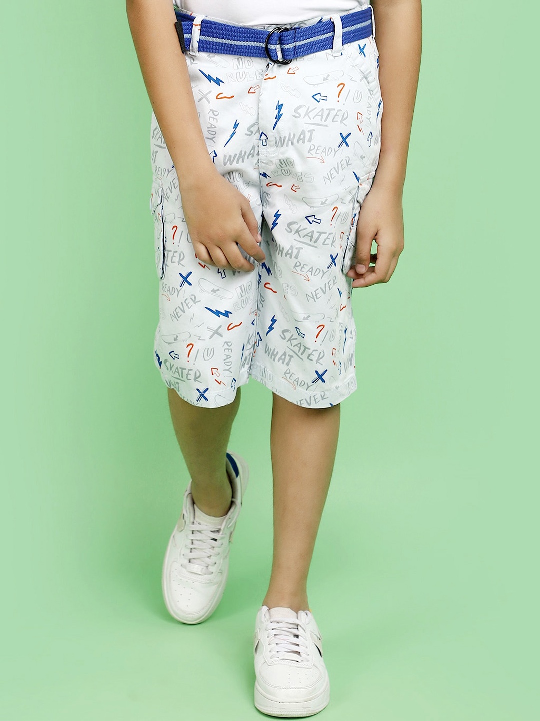 V-Mart Boys Typography Printed Satin Cargo Shorts, White