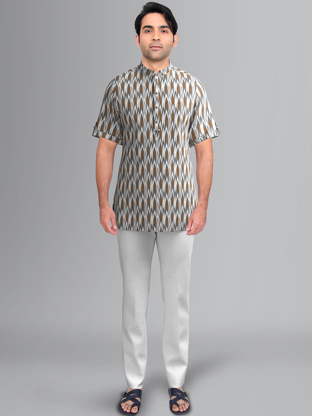 

TheEthnic.Co Ethnic Motifs Printed Mandarin Collar Roll-Up Sleeves Cotton Straight Kurta, Grey