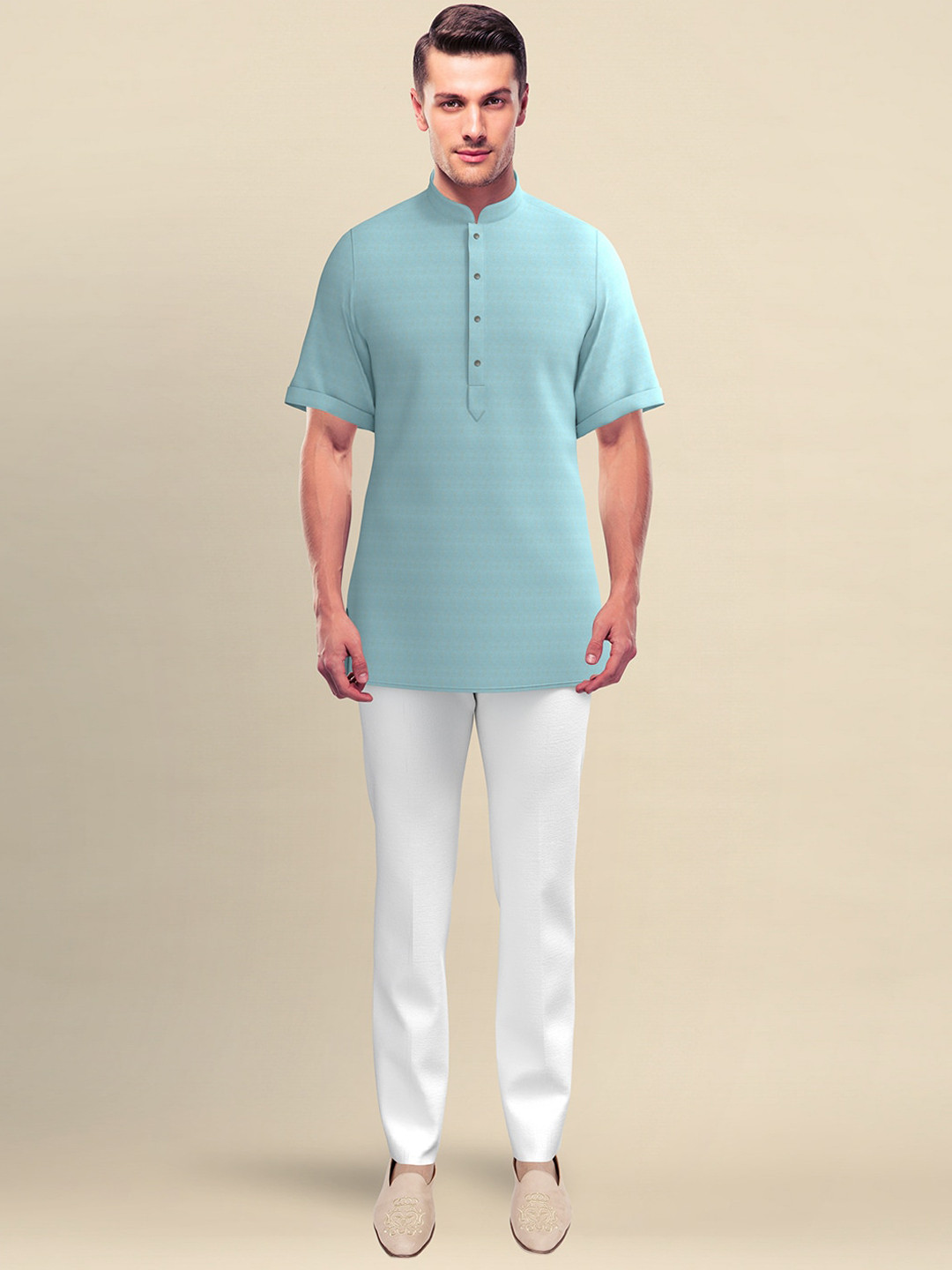 

TheEthnic.Co Mandarin Collar Short Sleeves Cotton Silk Straight Kurta, Blue