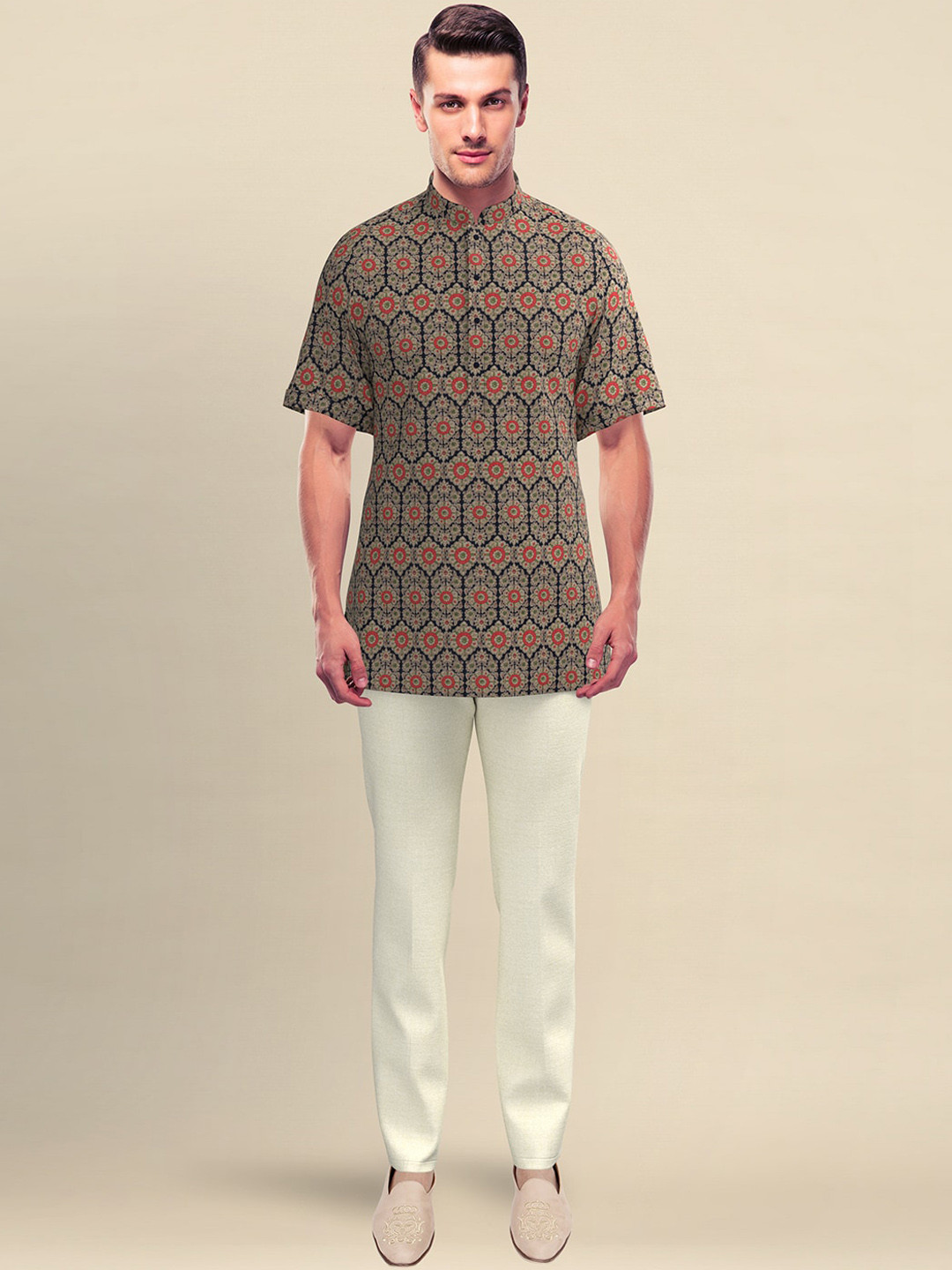 

TheEthnic.Co Men Ethnic Motifs Printed Flared Sleeves Sequinned Kurta, Navy blue