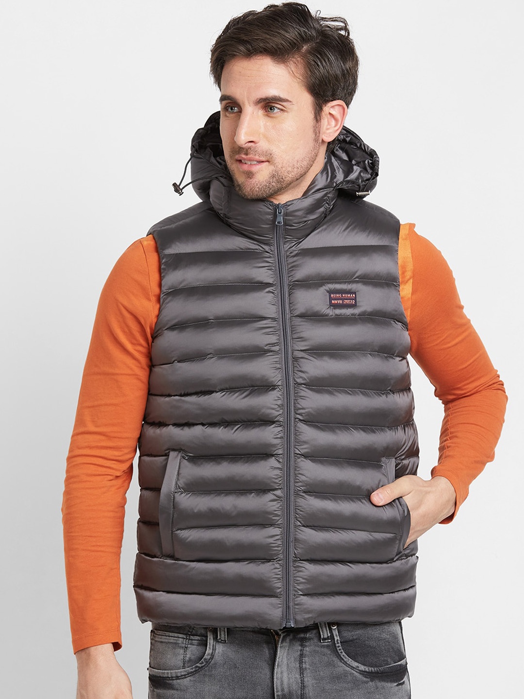

Being Human Sleeveless Hooded Puffer Jacket, Grey