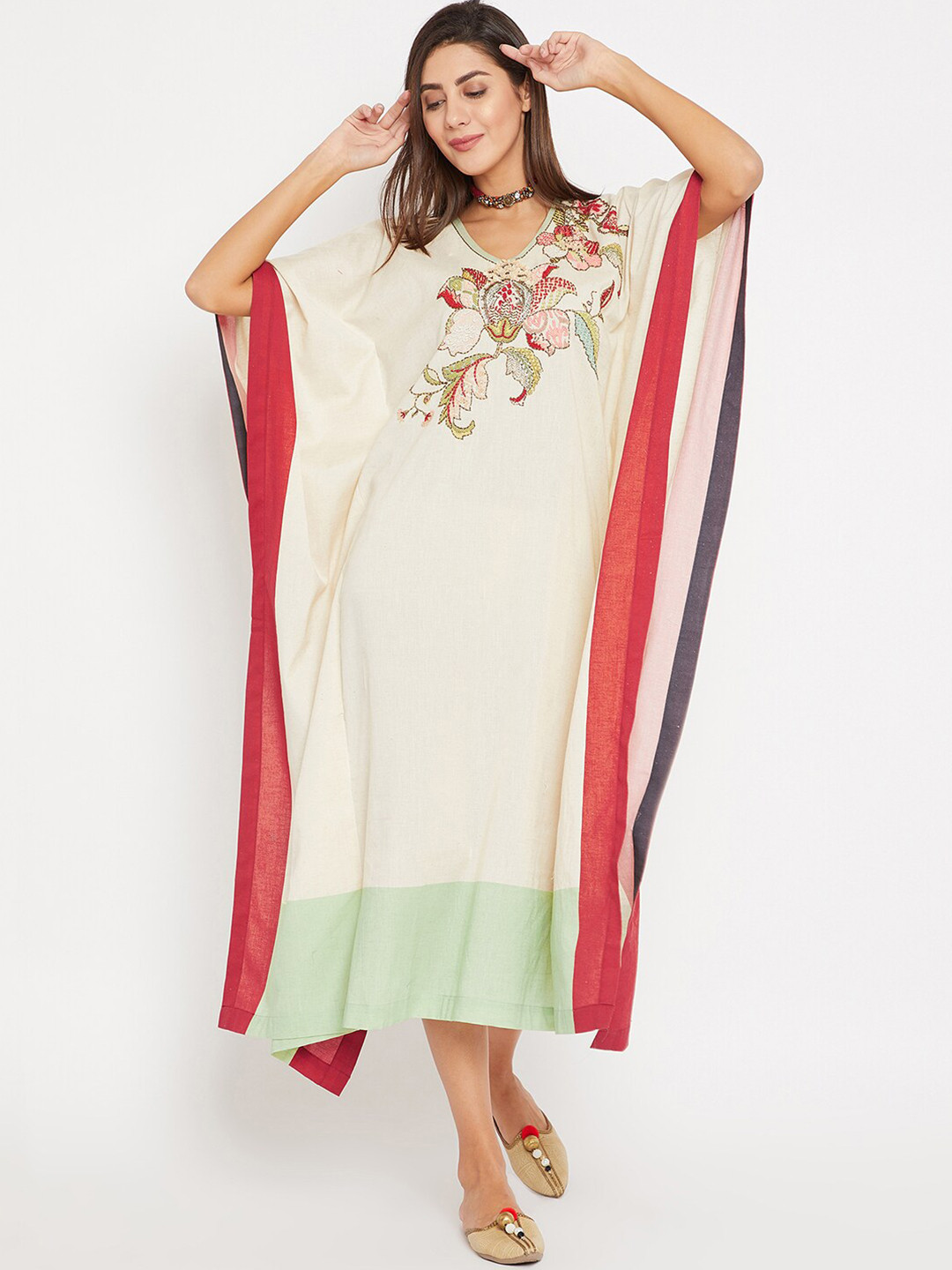 

The Kaftan Company Embroidered Kimono Sleeves Linen Kaftan Midi Dress, Beige