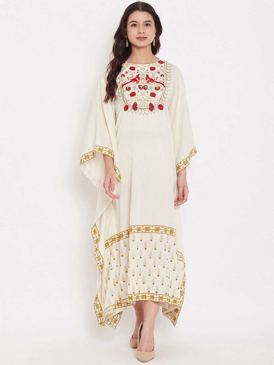 

The Kaftan Company Floral Printed Kimono Sleeves Linen Kaftan Maxi Dress, Beige