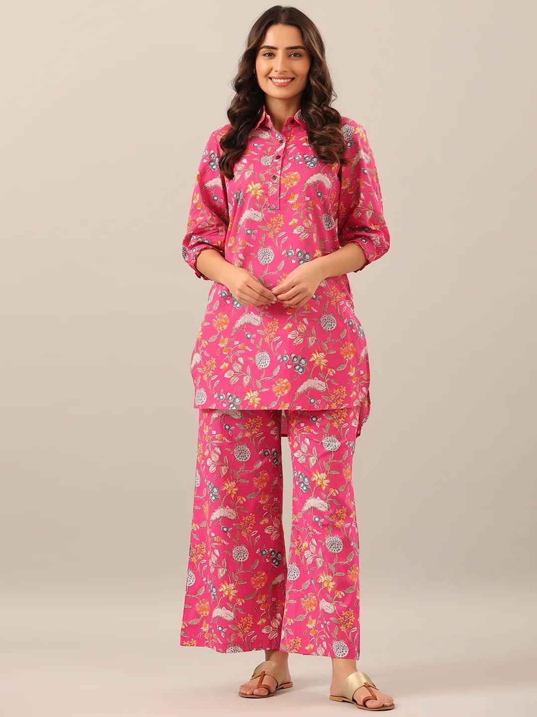 

Selvia Floral Printed Shirt Collar Neck Top & Flared Palazzos Co-Ords, Pink