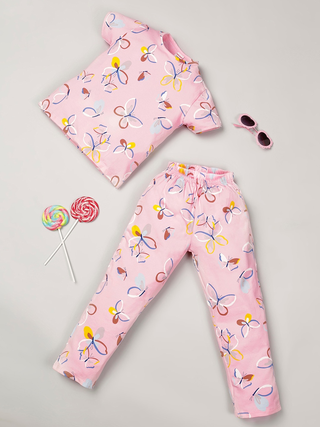 

RAINE AND JAINE Girls Conversational Printed Pure Cotton Night suit, Pink