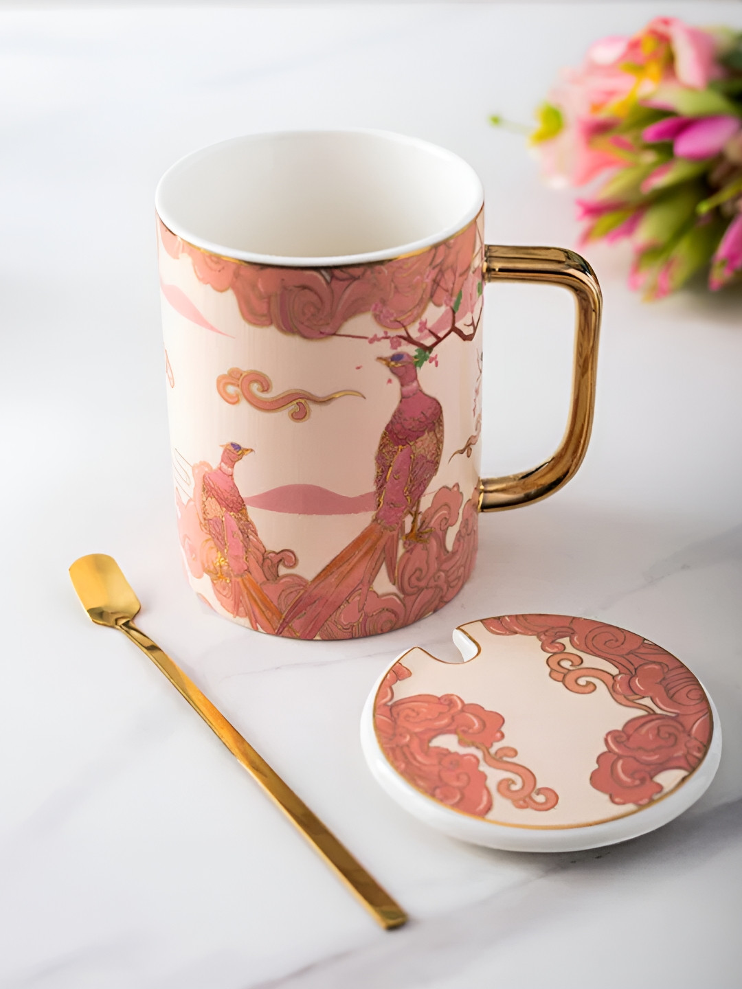 

THEDECORKART Pink Ceramic Mug With Lid & Spoon