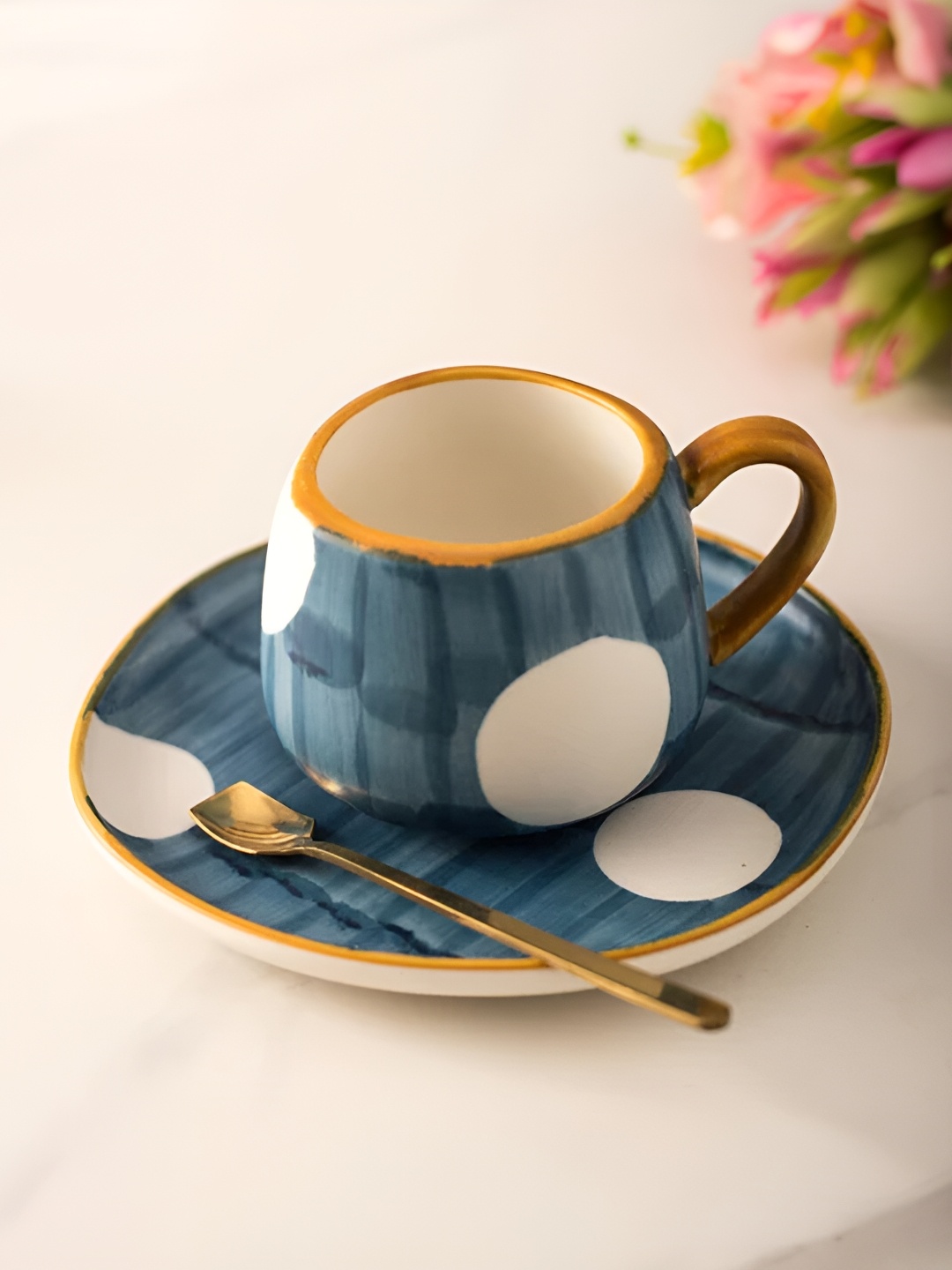

THEDECORKART Teal Geometric Print & Striped Glossy Ceramic Cup With Saucer, Blue