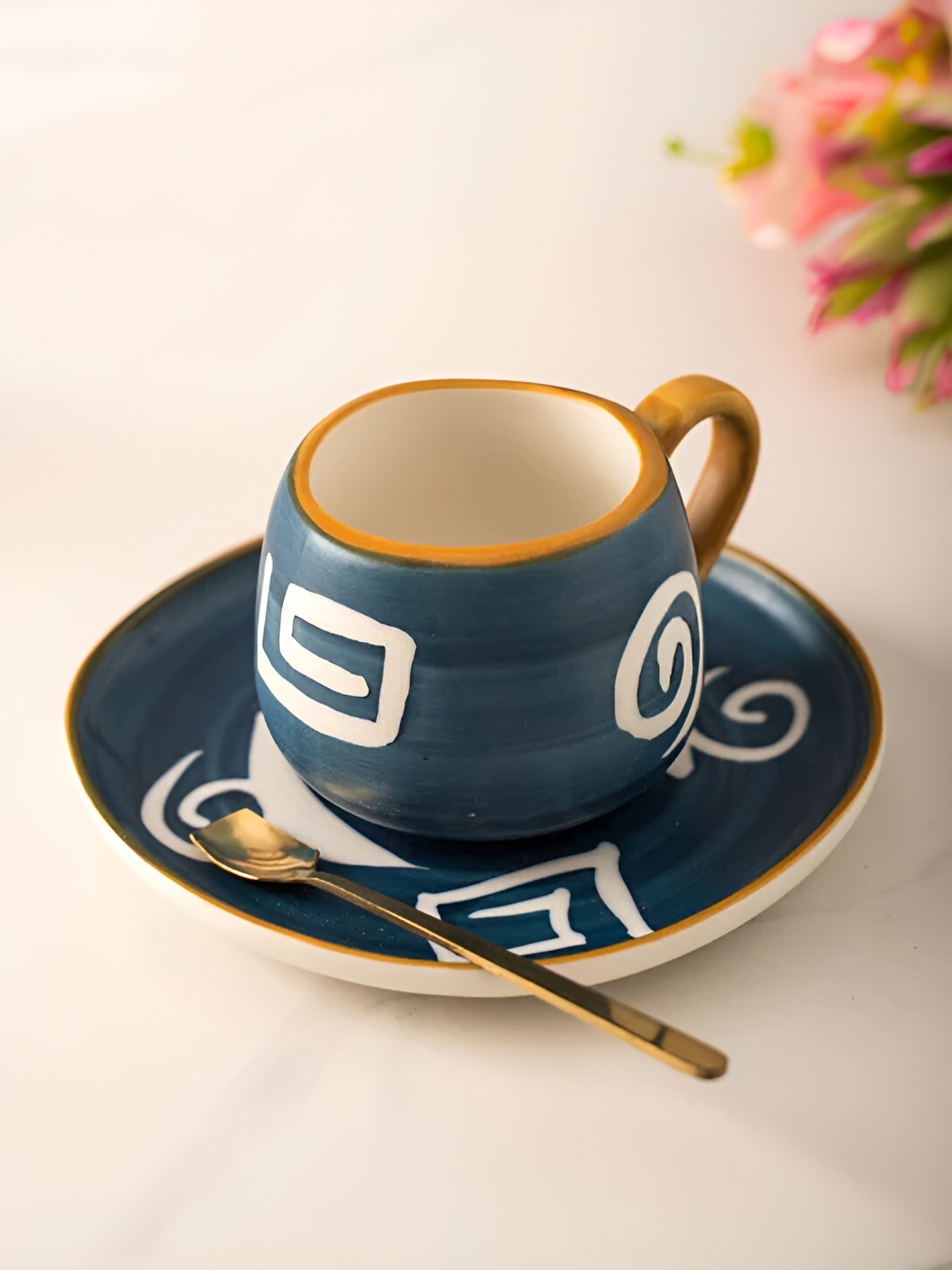 

THEDECORKART Teal 3 Pcs Printed Ceramic Cup With Saucer & Spoon