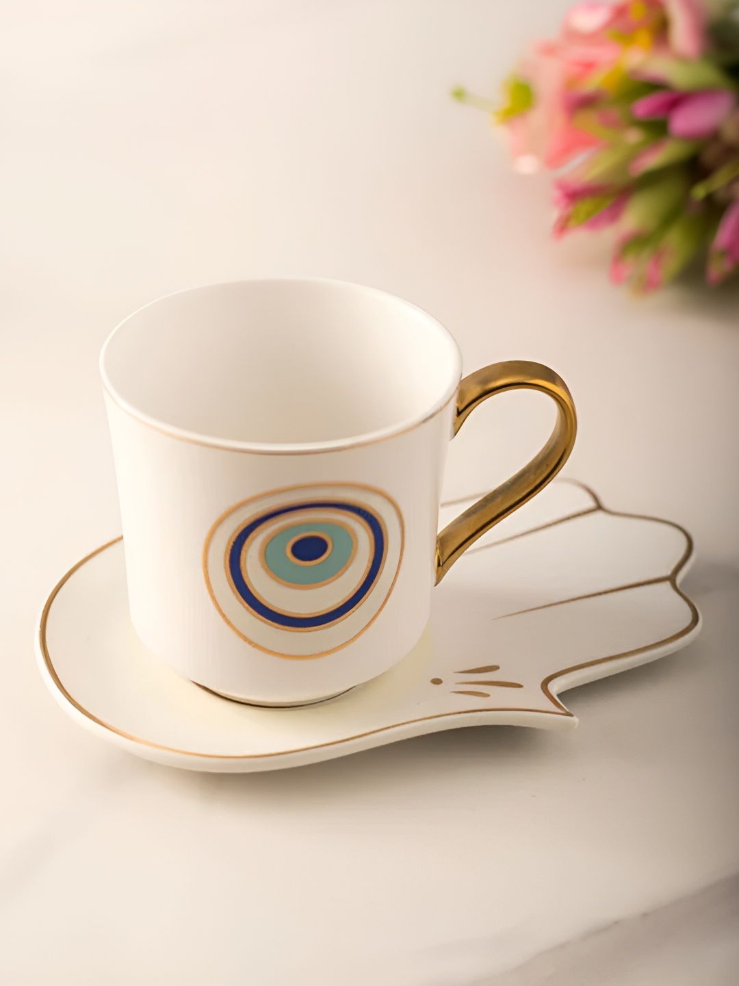 

THEDECORKART White 2 Pcs Printed Cup And Saucer, Cream