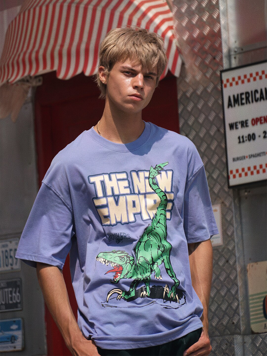 

Bonkers Corner Typography Printed Drop-Shoulder Sleeves Oversized Cotton T-shirt, Purple