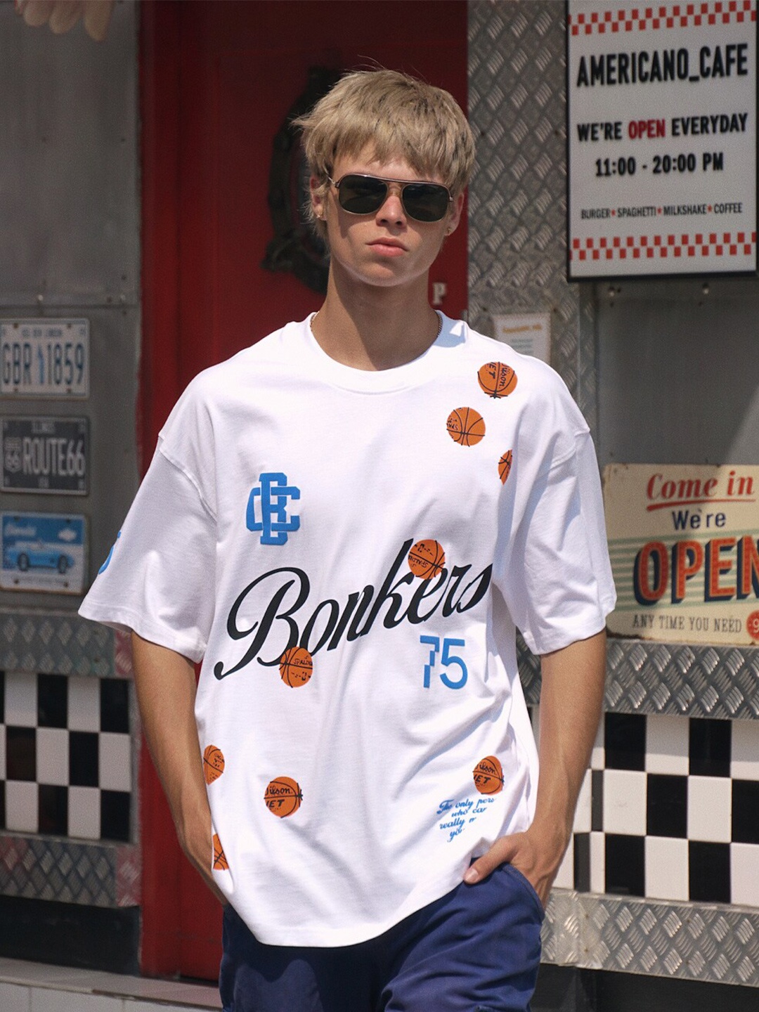 

Bonkers Corner Oversized Typography Printed Round Neck Cotton T-shirt, White