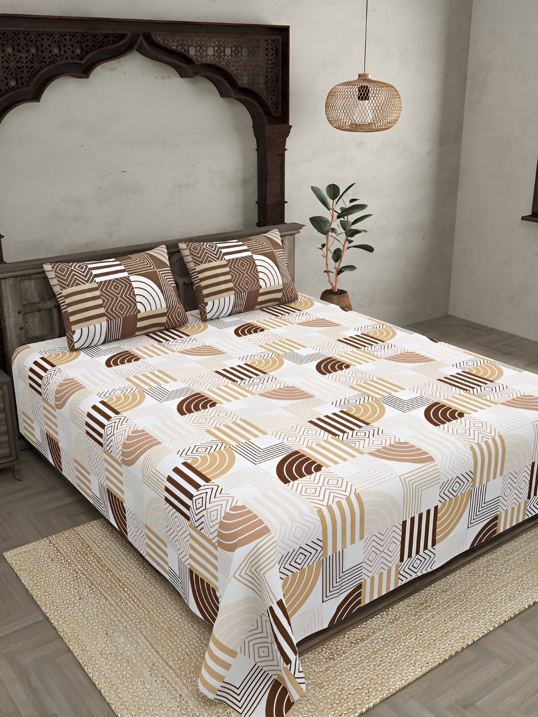 

JAIPUR FABRIC Brown & White Geometric Cotton 300 TC King Bedsheet with 2 Pillow Covers