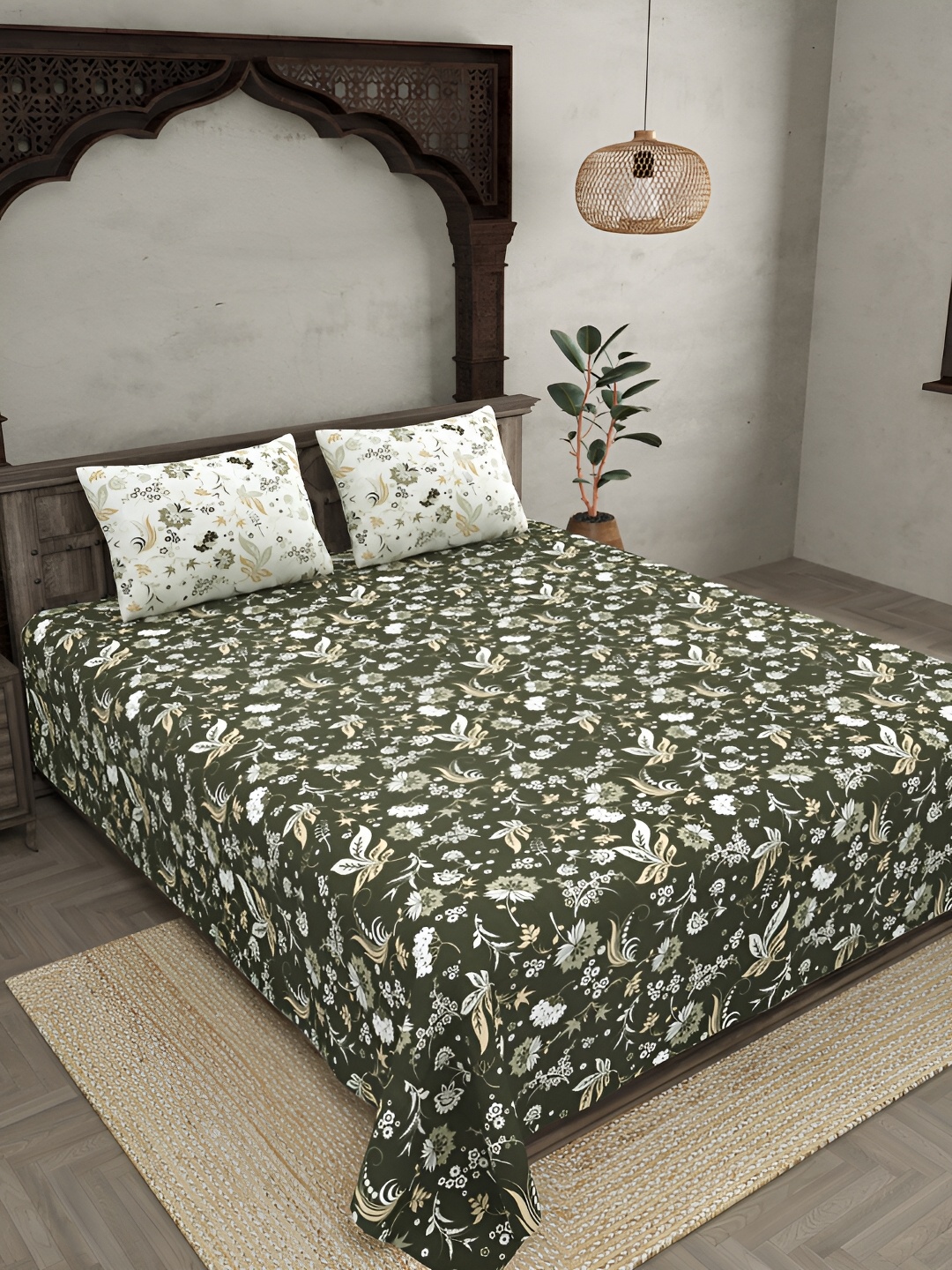 

JAIPUR FABRIC Green & White Floral 300 TC King Bedsheet with 2 Pillow Covers