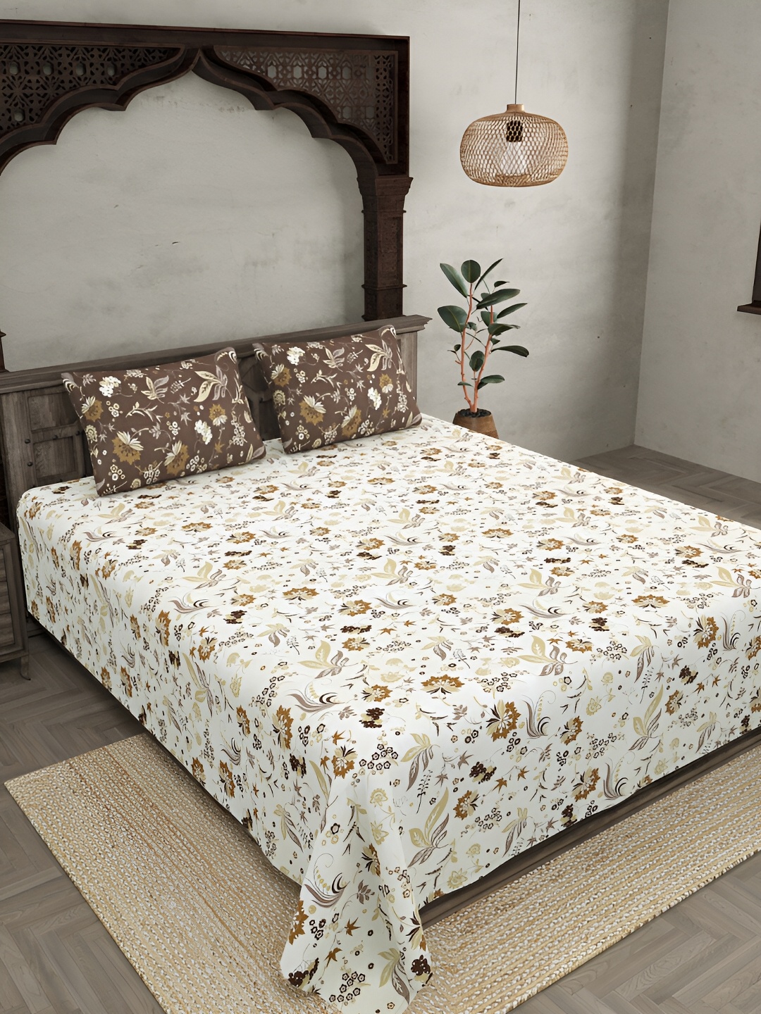 

JAIPUR FABRIC Brown & White Floral Cotton 300 TC King Bedsheet with 2 Pillow Covers