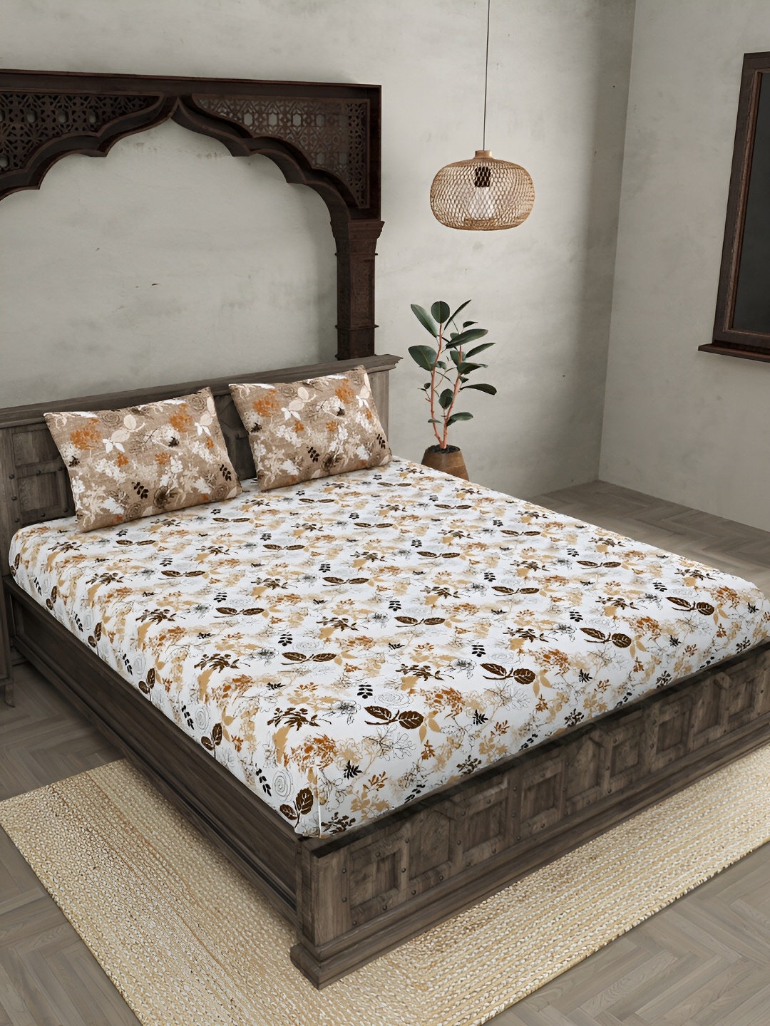 

JAIPUR FABRIC White & Brown Floral Cotton 300 TC King Bedsheet with 2 Pillow Covers