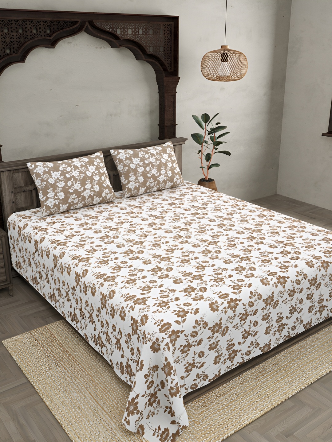 

JAIPUR FABRIC White & Brown Floral Cotton 300 TC King Bedsheet with 2 Pillow Covers