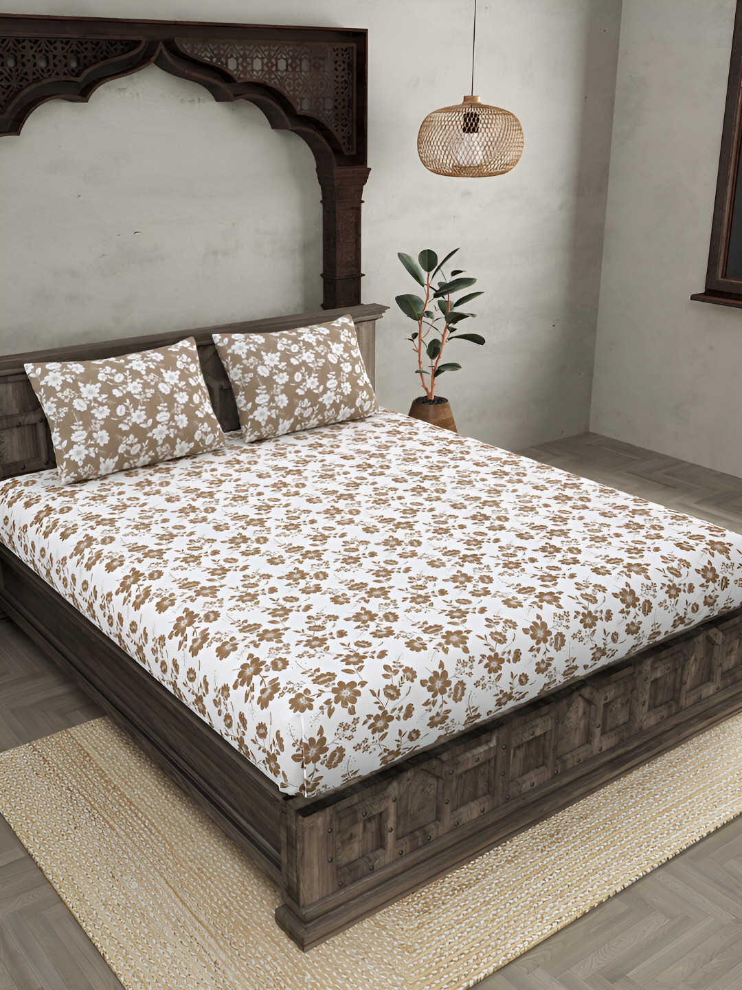 

JAIPUR FABRIC White & Brown Floral Cotton 300 TC King Bedsheet with 2 Pillow Covers