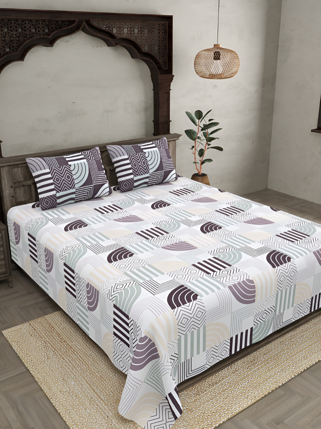 

JAIPUR FABRIC White & Grey Geometric Cotton 300 TC King Bedsheet with 2 Pillow Covers