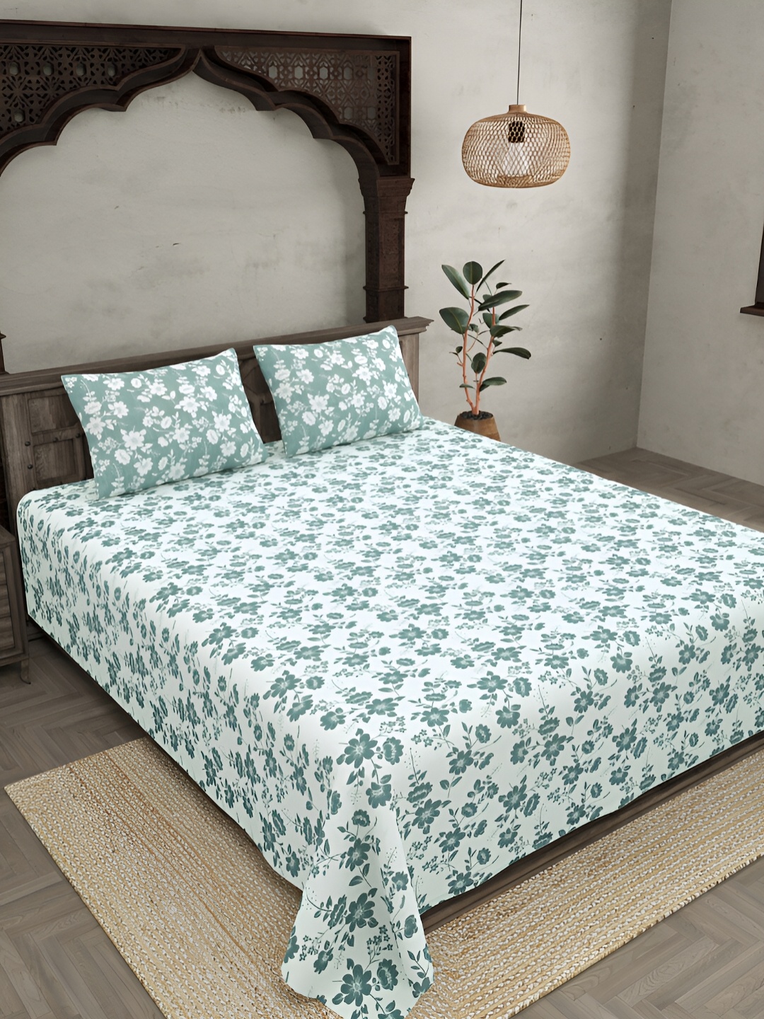 

JAIPUR FABRIC Green & White Floral Cotton 300 TC King Bedsheet with 2 Pillow Covers
