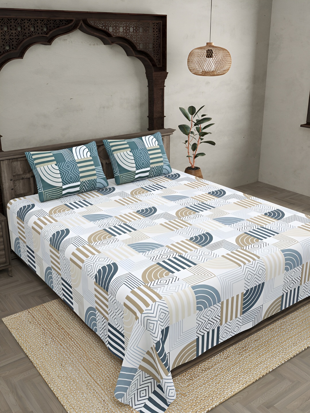 

JAIPUR FABRIC White & Blue Geometric Cotton 300 TC King Bedsheet with 2 Pillow Covers