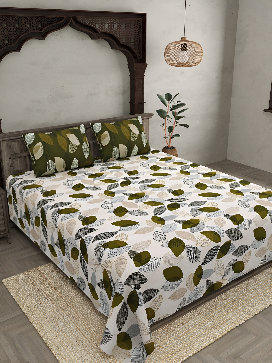 

JAIPUR FABRIC Green & White Floral Cotton 300 TC King Bedsheet with 2 Pillow Covers
