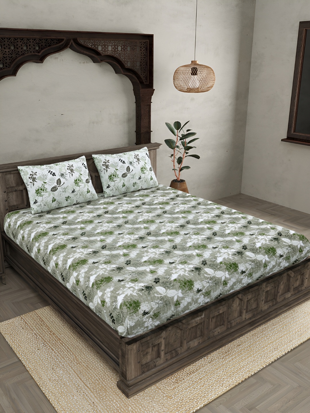 

JAIPUR FABRIC Green & Grey Floral Cotton 300 TC King Bedsheet with 2 Pillow Covers