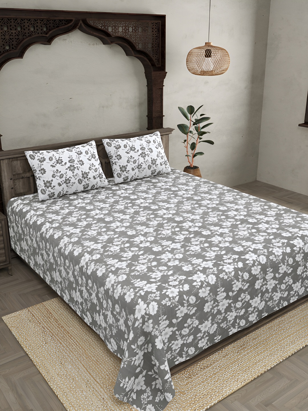 

JAIPUR FABRIC Grey & White Floral Cotton 300 TC King Bedsheet with 2 Pillow Covers