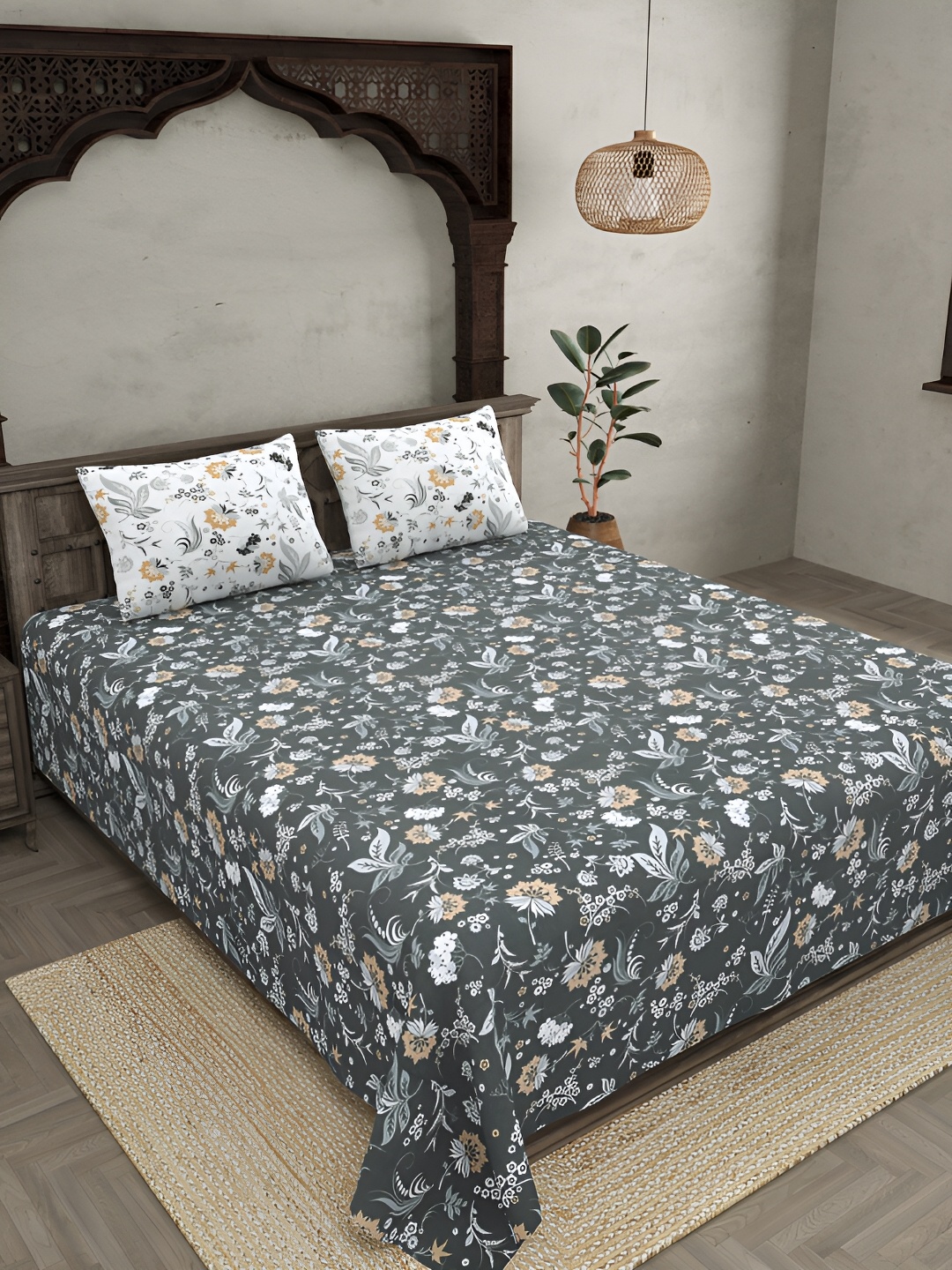 

JAIPUR FABRIC Grey & White Floral Cotton 300 TC King Bedsheet with 2 Pillow Covers