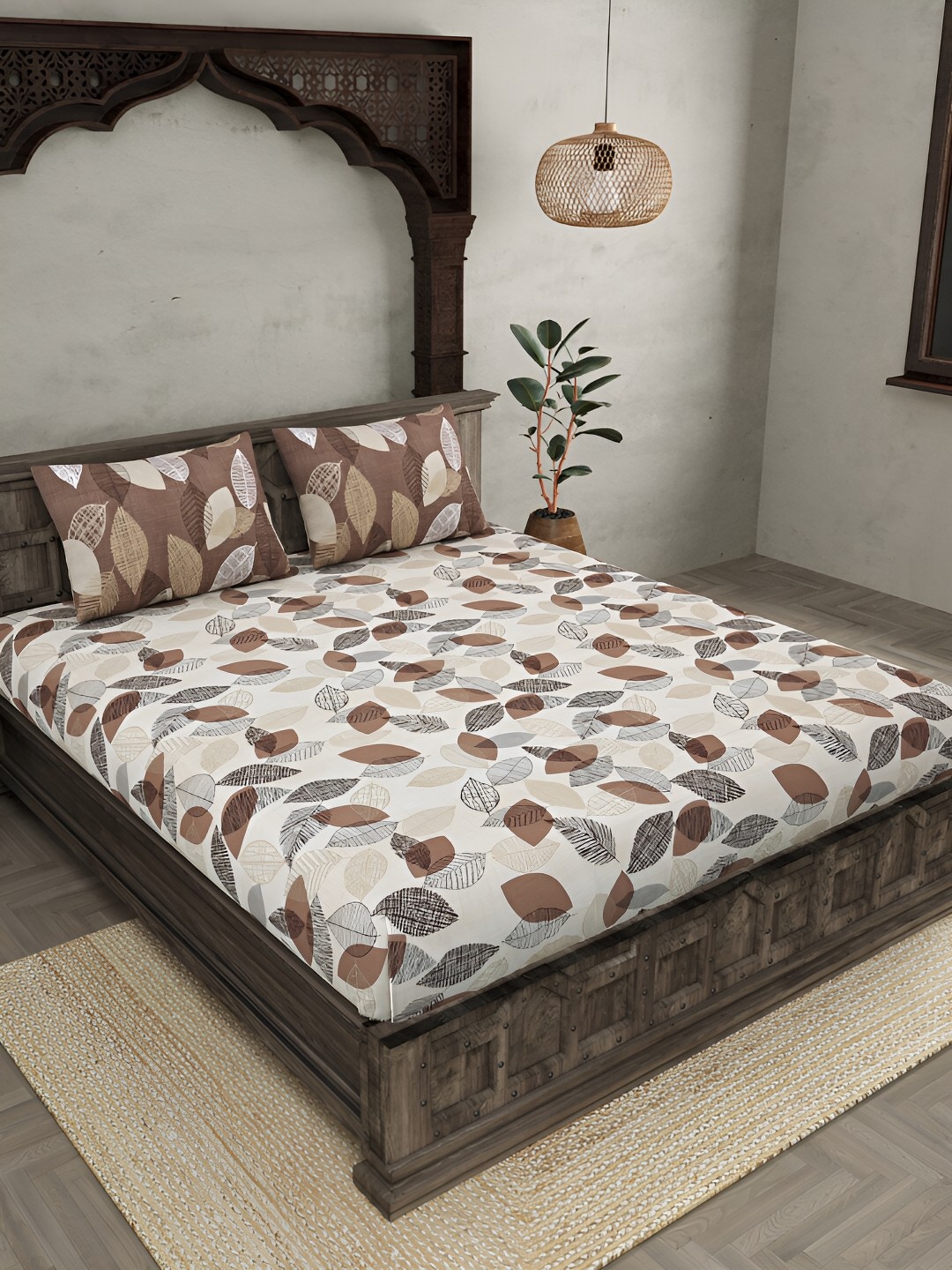 

JAIPUR FABRIC Brown & Off White Floral Cotton 300 TC King Bedsheet with 2 Pillow Covers