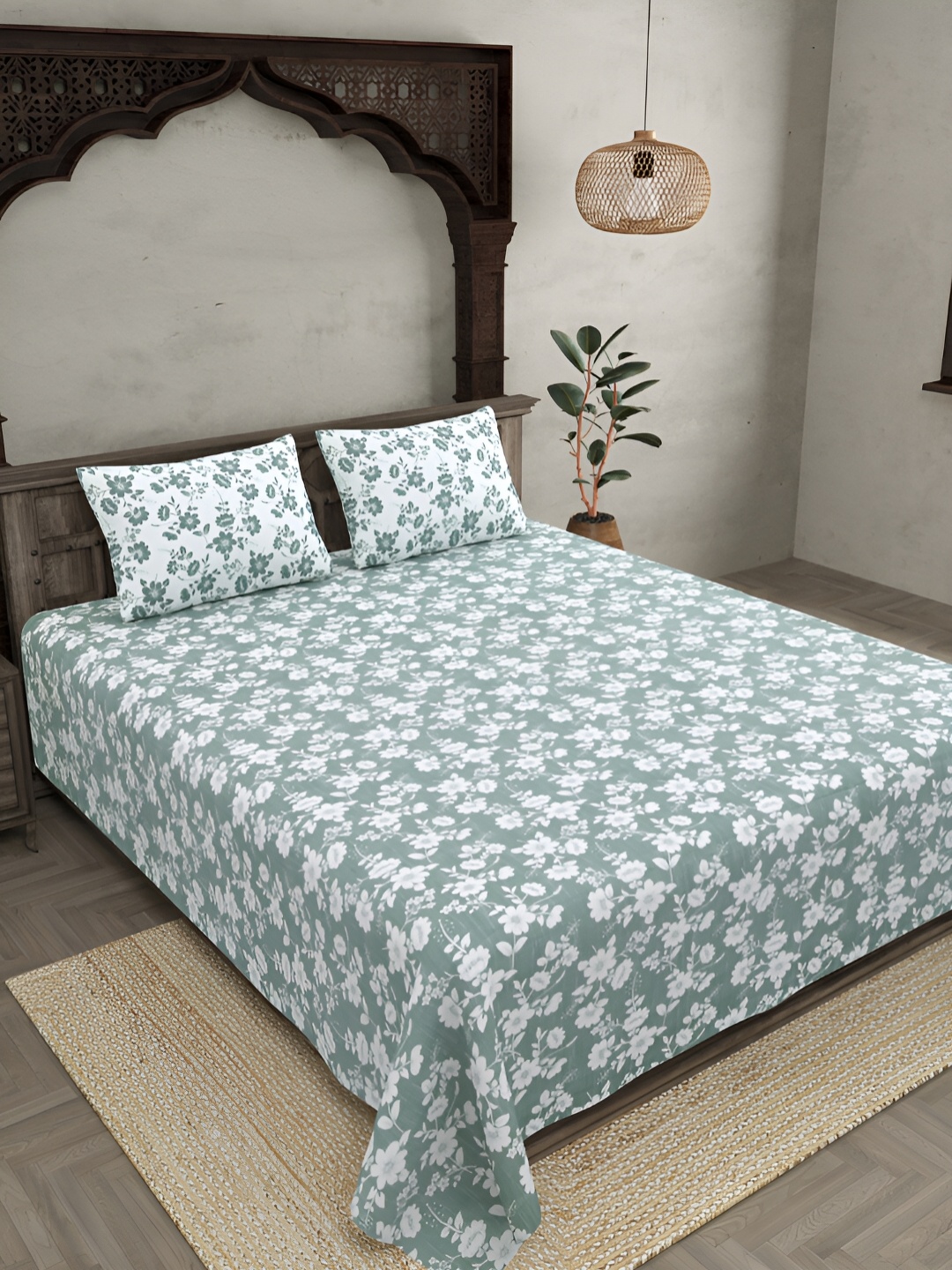 

JAIPUR FABRIC Green & White Floral Cotton 300 TC King Bedsheet with 2 Pillow Covers