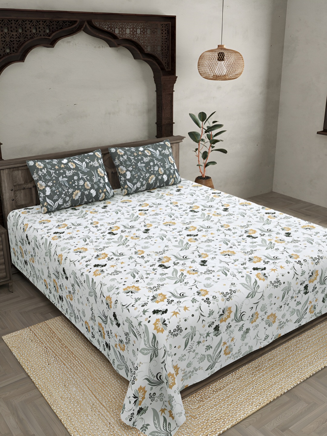 

JAIPUR FABRIC Grey & White Floral Cotton 300 TC King Bedsheet with 2 Pillow Covers