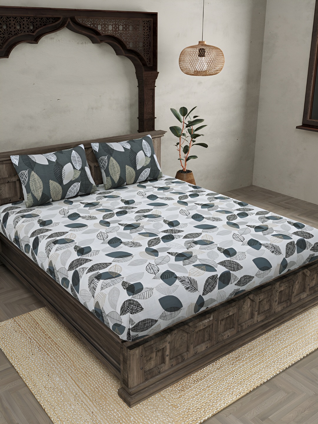 

JAIPUR FABRIC Grey & White Floral Cotton 300 TC King Bedsheet with 2 Pillow Covers