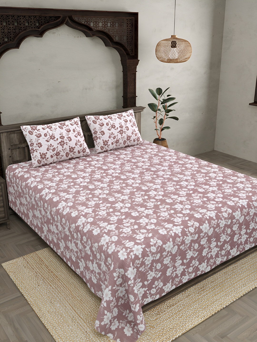 

JAIPUR FABRIC Pink & White Floral Cotton 300 TC King Bedsheet with 2 Pillow Covers