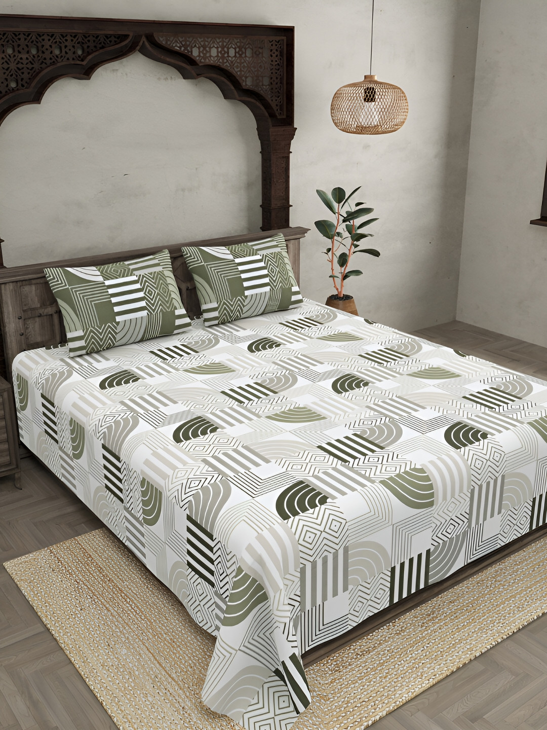 

JAIPUR FABRIC Green & White Geometric Cotton 300 TC King Bedsheet with 2 Pillow Covers