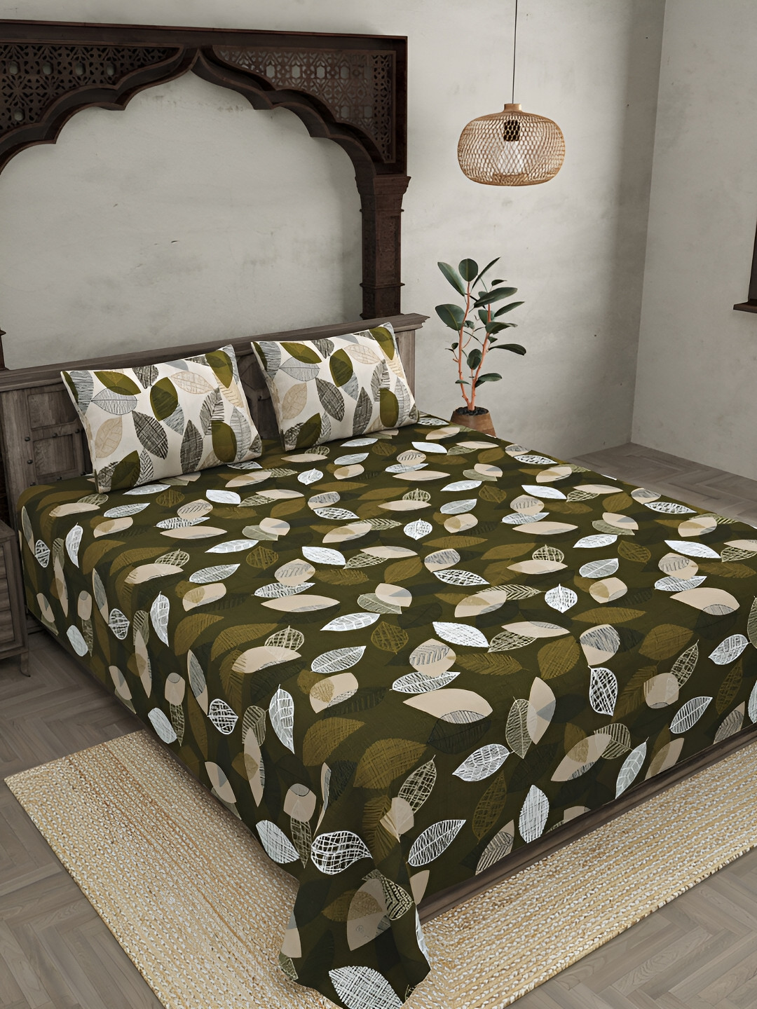

JAIPUR FABRIC Green & White Floral Cotton 300 TC King Bedsheet with 2 Pillow Covers