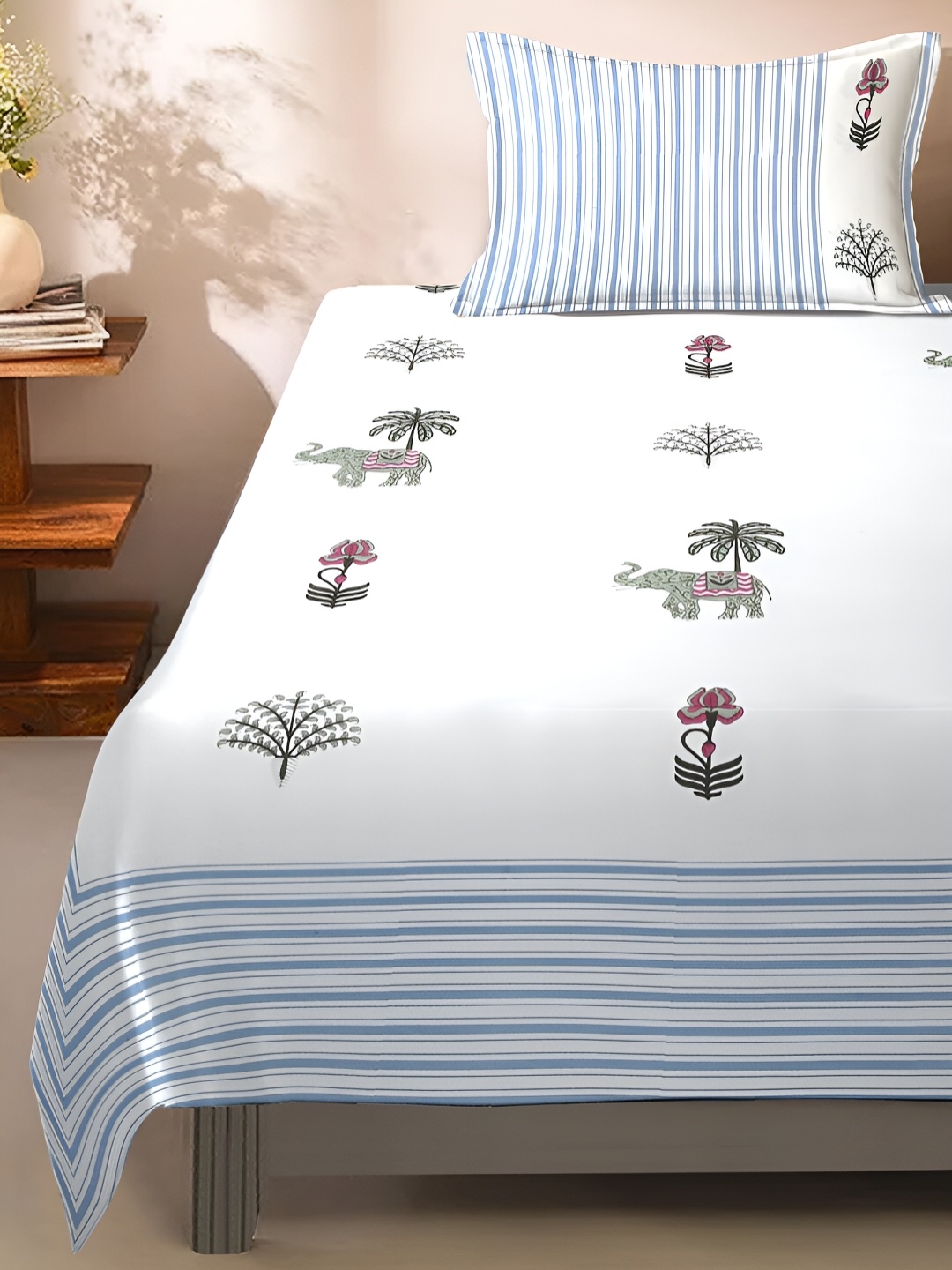 

Rajasthan Decor White Ethnic Motifs Cotton 180 TC Single Bedsheet with 1 Pillow Covers