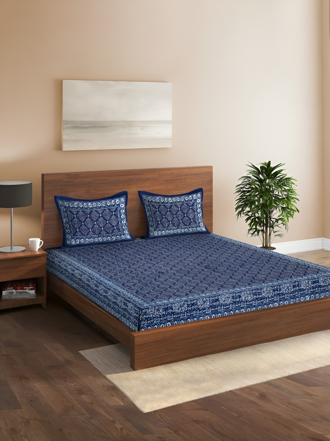 

Rajasthan Decor Blue & White Geometric Cotton 180 TC Queen Bedsheet with 2 Pillow Covers