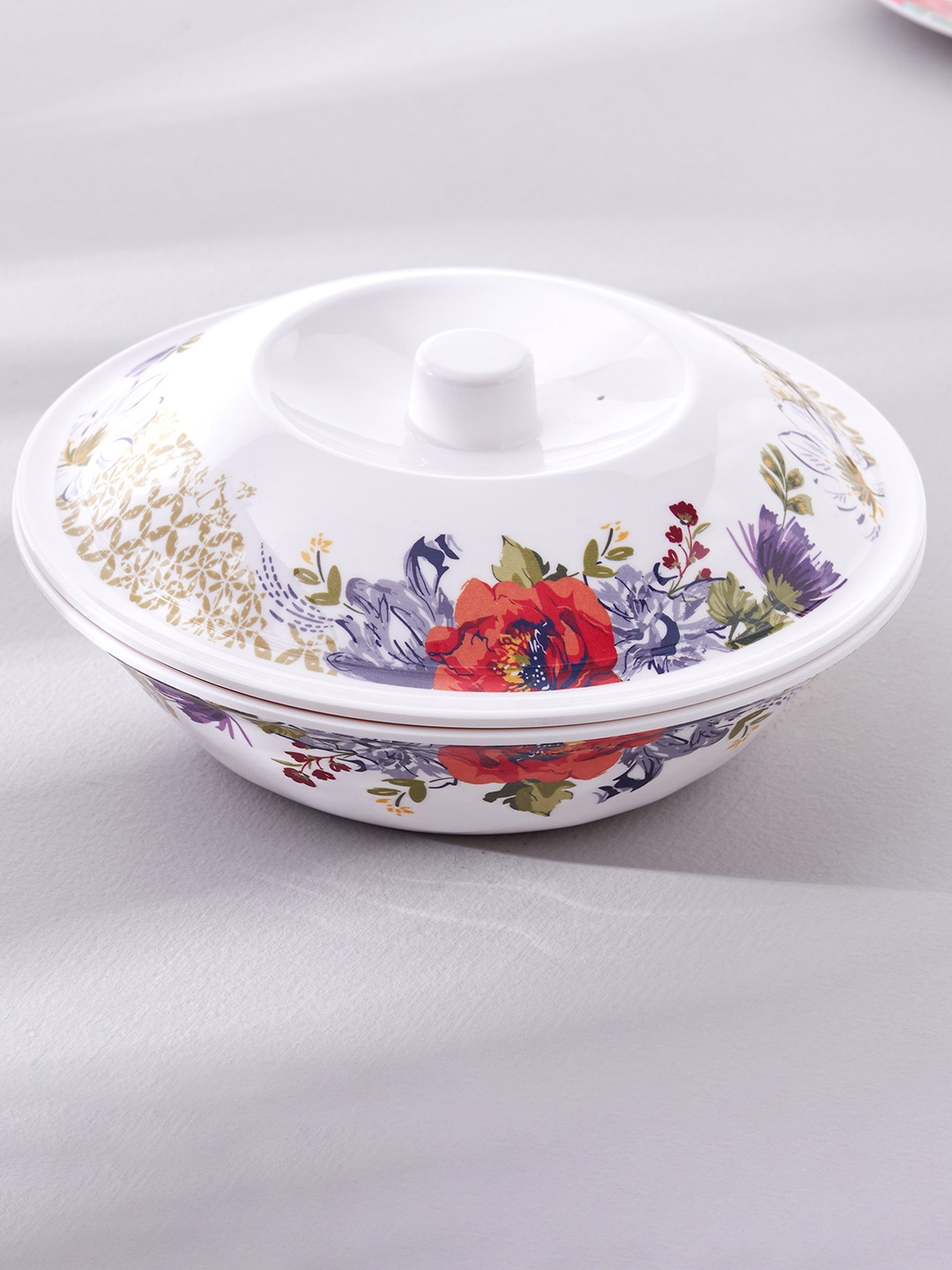 

Home Centre Meadows Theme Printed Easy to Clean Serving Bowl With Lid - 1.1 Litre, White