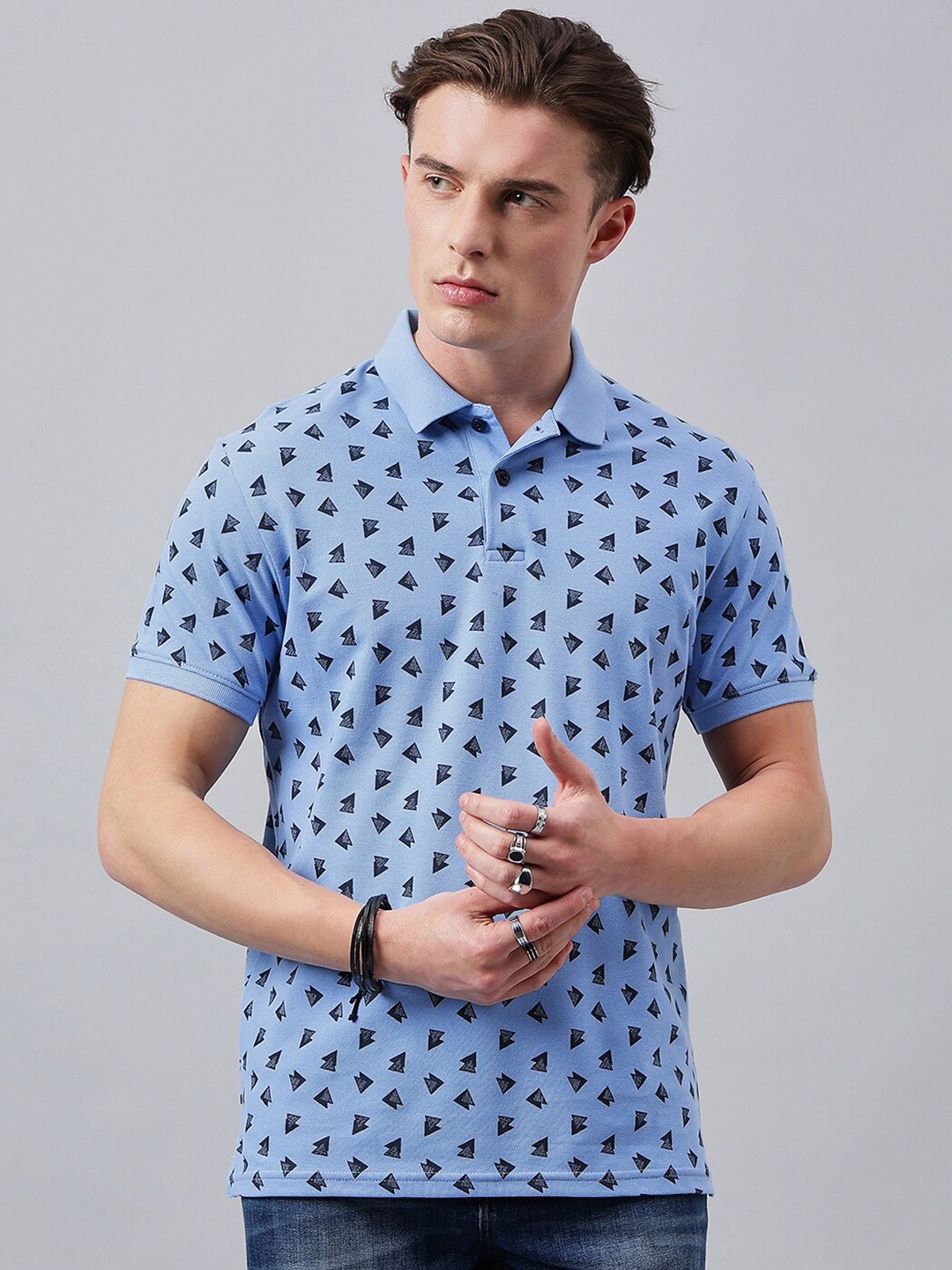 

98 Degree North Conversational Printed Polo Collar Cotton T-shirt, Blue