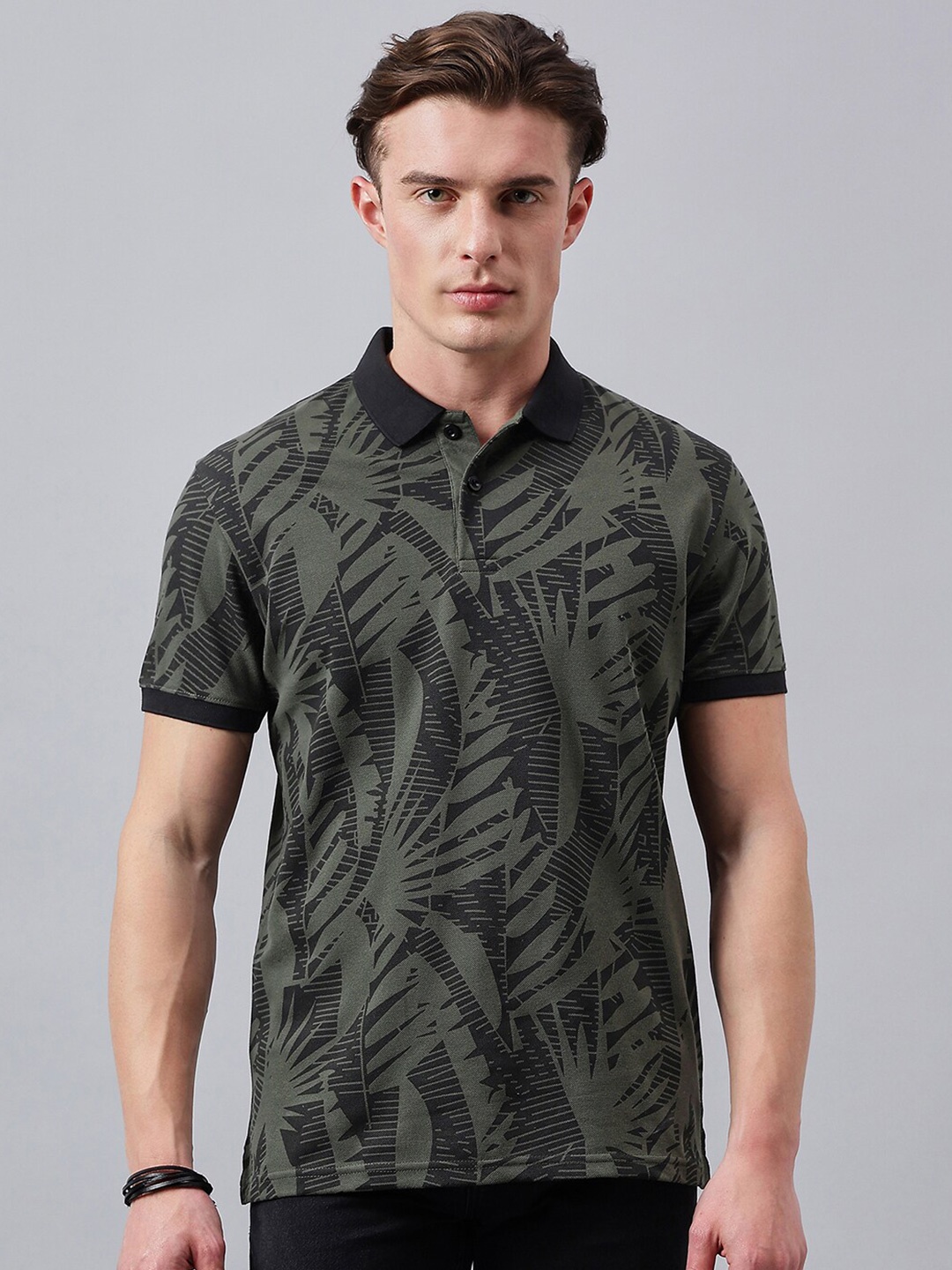 

98 Degree North Floral Printed Polo Collar Cotton T-shirt, Olive
