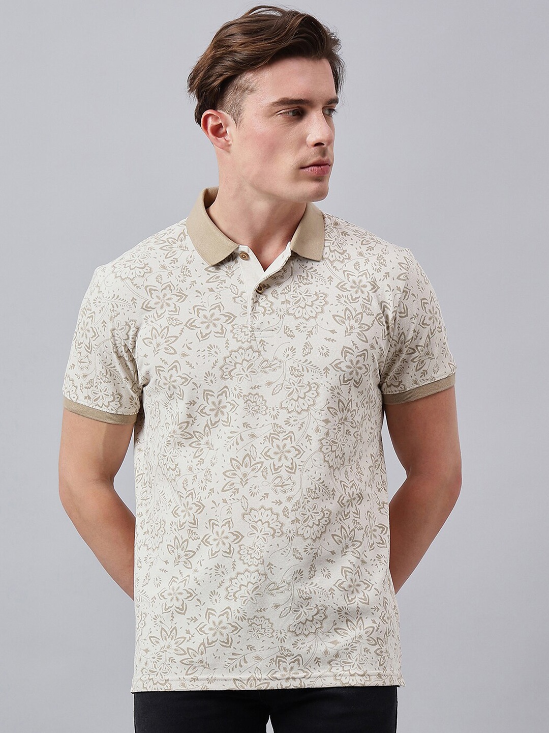 

98 Degree North Floral Printed Polo Collar Cotton T-shirt, Beige